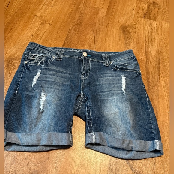 Classic Blue Distressed Women's Jean Shorts - Picture 1 of 4